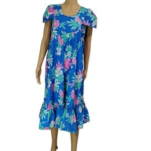 1970s Blue Hawaiian Pink Floral Pullover Caftan Dress Cap Sleeves Wide Loose Fit